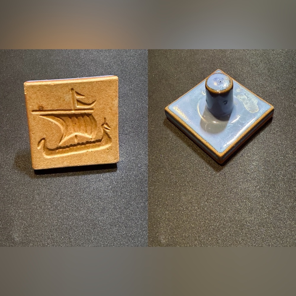 Vintage Blue Ceramic Tile Cookie Press Stamp with Viking Ship Design